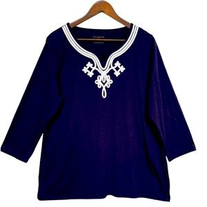 Talbots Henley Top Women Size 1X Blue Detail Neck Accent Cotton 3/4 Sleeve